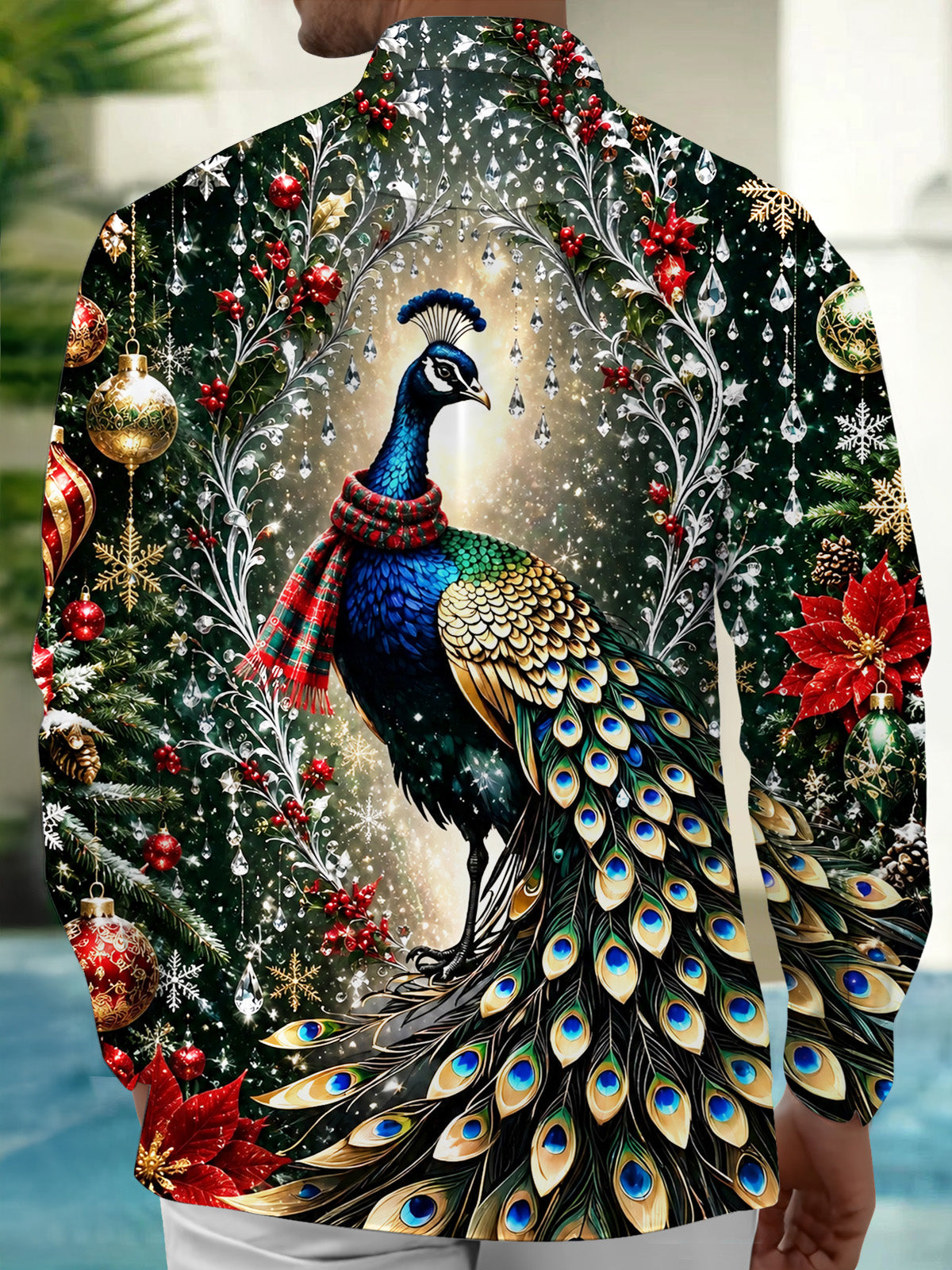 Adaychic Men's Printed Christmas Peacock Print Long Sleeve Shirt with Chest Pocket