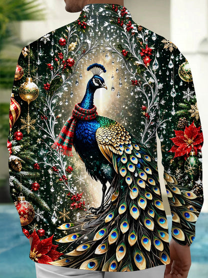 Adaychic Men's Printed Christmas Peacock Print Long Sleeve Shirt with Chest Pocket