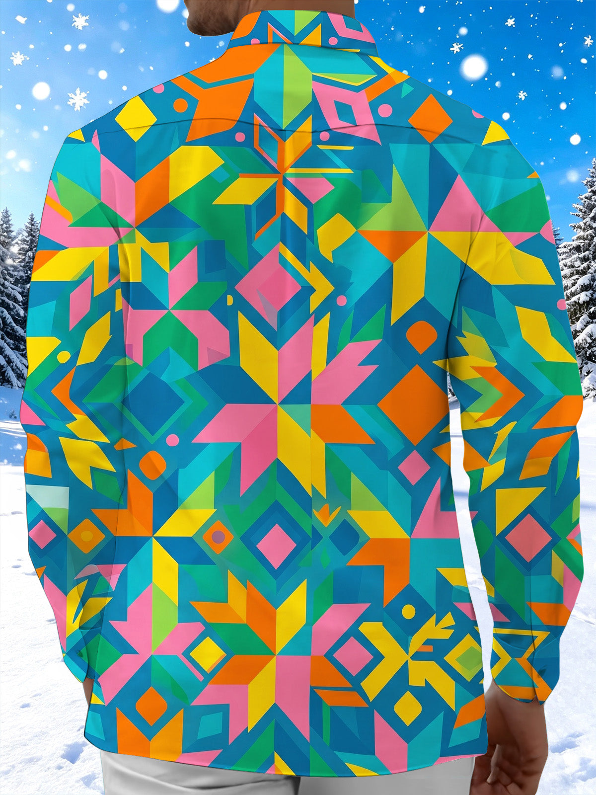 Adaychic Men's Printed Colorful Geometric Shapes Print Long Sleeve Shirt with Chest Pocket