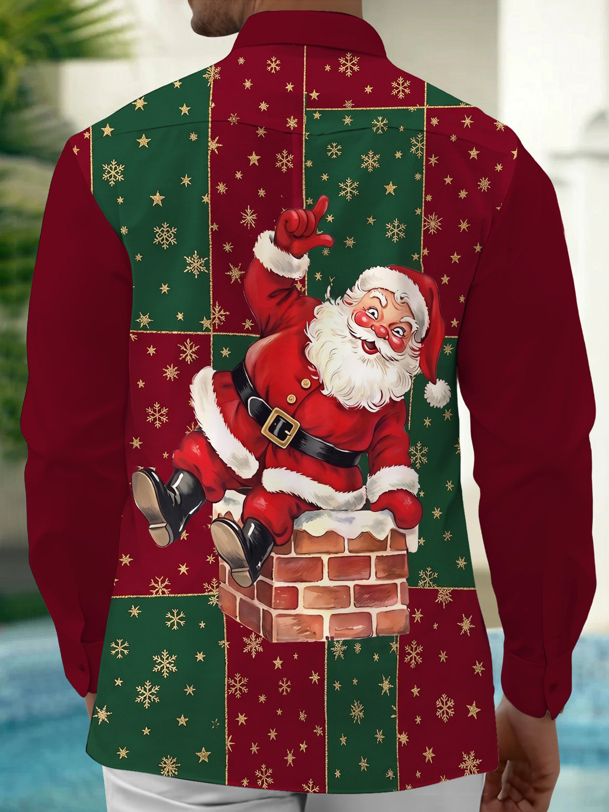 Adaychic Men's Printed Santa Claus On Chimney Print Long Sleeve Shirt with Chest Pocket