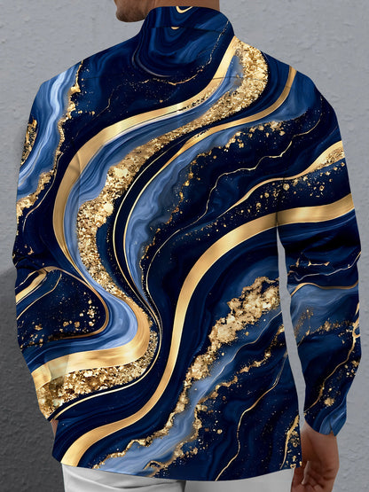 Adaychic Men's Abstract Gold And Blue Marble Waves Print Long Sleeve Shirt with Chest Pocket