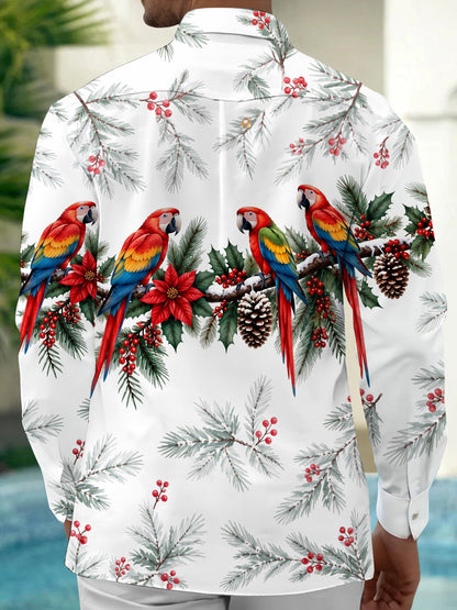 Adaychic Men's Christmas Parrots And Pine Cones Print Long Sleeve Shirt with Chest Pocket