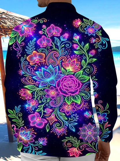 Adaychic Men's Printed Neon Floral Paisley Print Long Sleeve Shirt with Chest Pocket