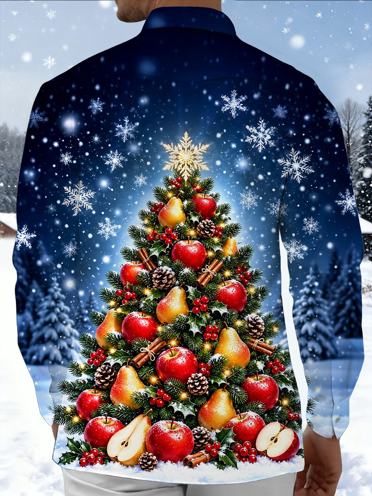 Adaychic Men's Printed Christmas Tree Print Snowflakes Print Long Sleeve Shirt with Chest Pocket
