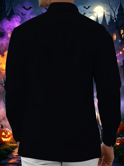 Adaychic Men's Neon Halloween Pumpkins Ghosts And Bats Print Long Sleeve Shirt with Chest Pocket