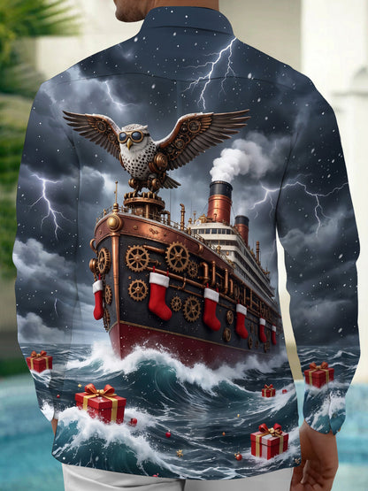 Adaychic Men's Long Sleeve Shirt - Steampunk Owl And Steamship With Christmas Stockings Print with Chest Pocket