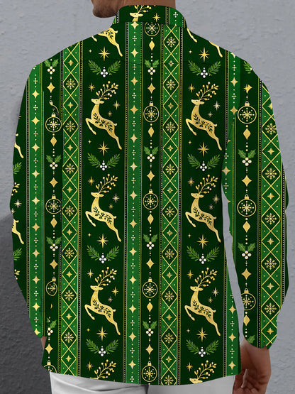 Adaychic Men's Printed Christmas Elk Print Long Sleeve Shirt with Chest Pocket