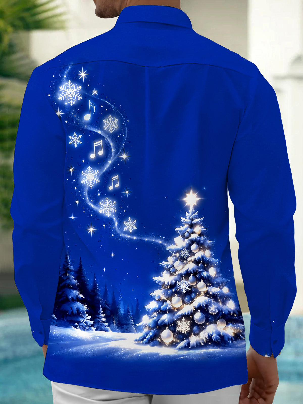 Adaychic Men's Printed Christmas Tree And Ornaments Print Long Sleeve Shirt with Chest Pocket