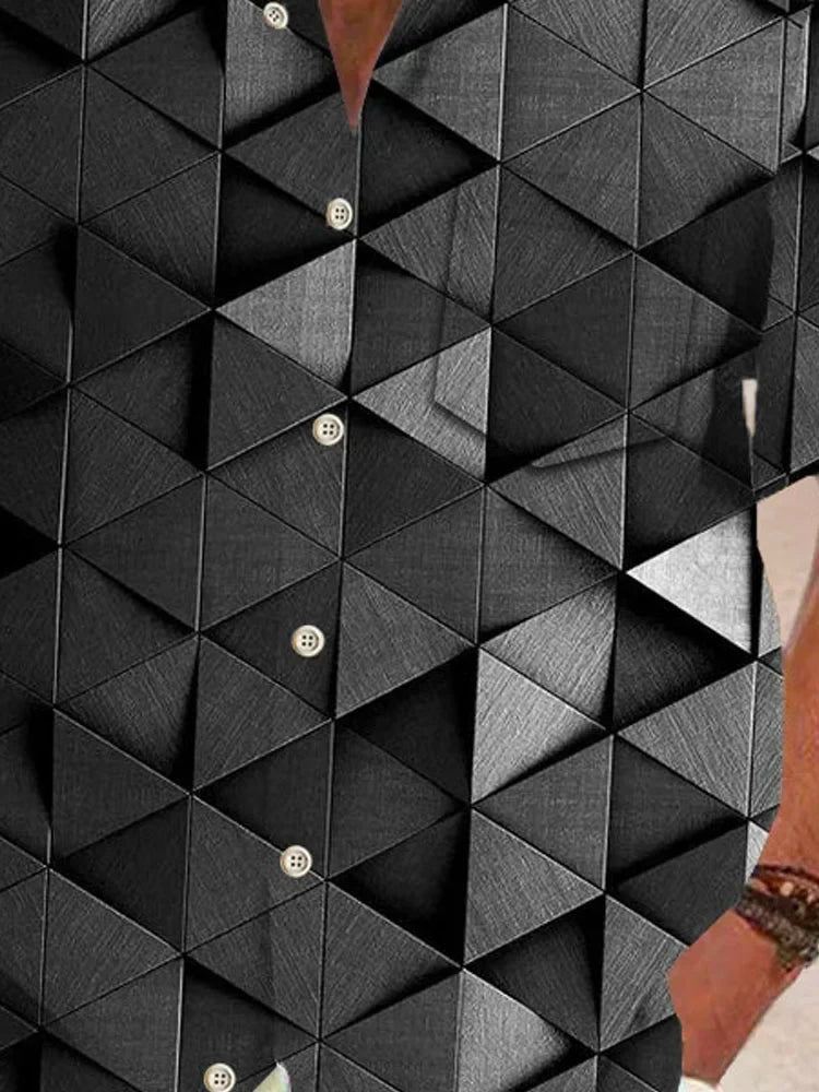 Adaychic Men's 3D Geometric Triangle Print Short Sleeve Button Down Shirt with Chest Pocket