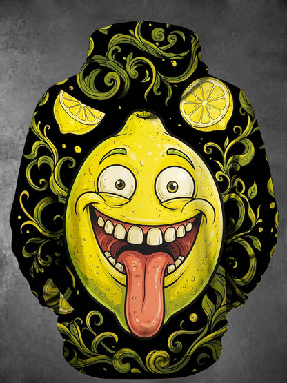 Adaychic Men's Anthropomorphic Lemon Cartoon Face Print Long Sleeve Hoodie