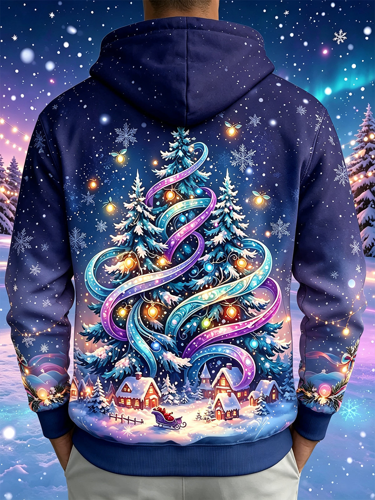Adaychic Men's Christmas Tree And Winter Village Print Long Sleeve Hoodie