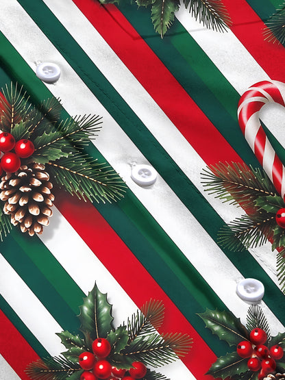 Adaychic Men's Christmas Candy Canes And Pine Cones Print Long Sleeve Shirt with Chest Pocket