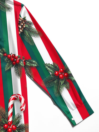 Adaychic Men's Christmas Candy Canes And Pine Cones Print Long Sleeve Shirt with Chest Pocket