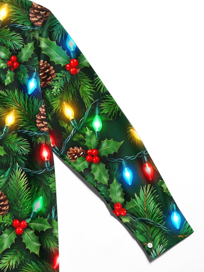 Adaychic Men's Long Sleeve Shirt - Christmas Light Strings With Pinecones And Holly Print with Chest Pocket