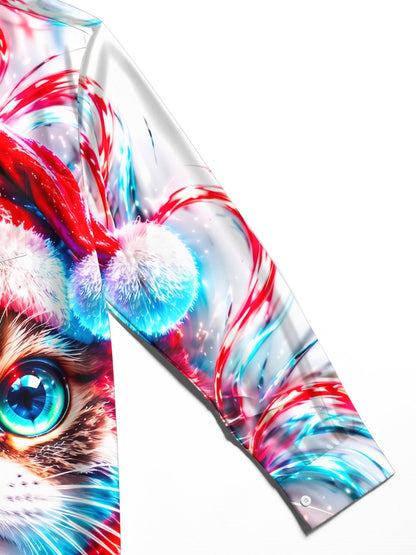Adaychic Men's Graphic Cat Wearing Santa Hat Print Long Sleeve Shirt