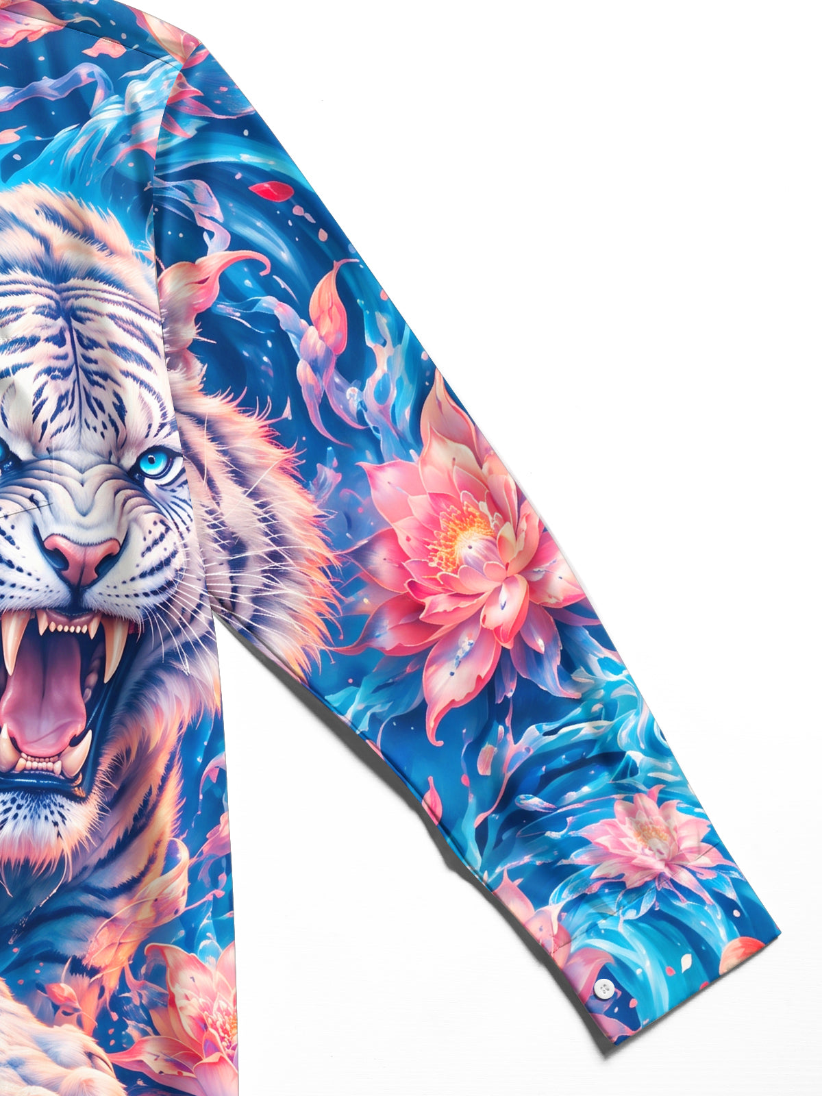 Adaychic Men's Hawaiian White Tiger And Floral Pattern Long Sleeve Shirt with Chest Pocket
