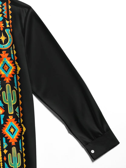 Adaychic Men's Cactus And Geometric Western Patterns Print Long Sleeve Shirt with Chest Pocket