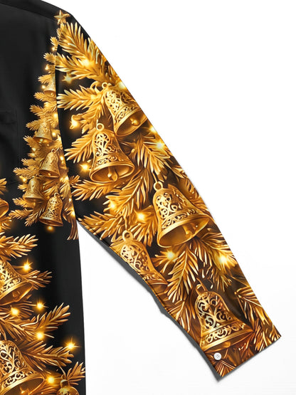 Adaychic Men's Long Sleeve Shirt - Golden Christmas Trees With Bells And Lights Print with Chest Pocket