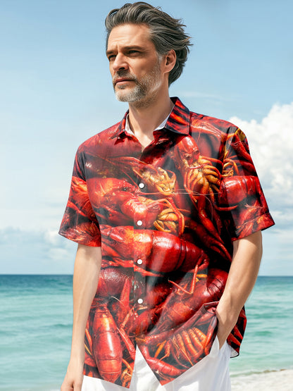 Adaychic Men's Graphic Crayfish Seafood Print Short Sleeve Button Down Shirt with Chest Pocket