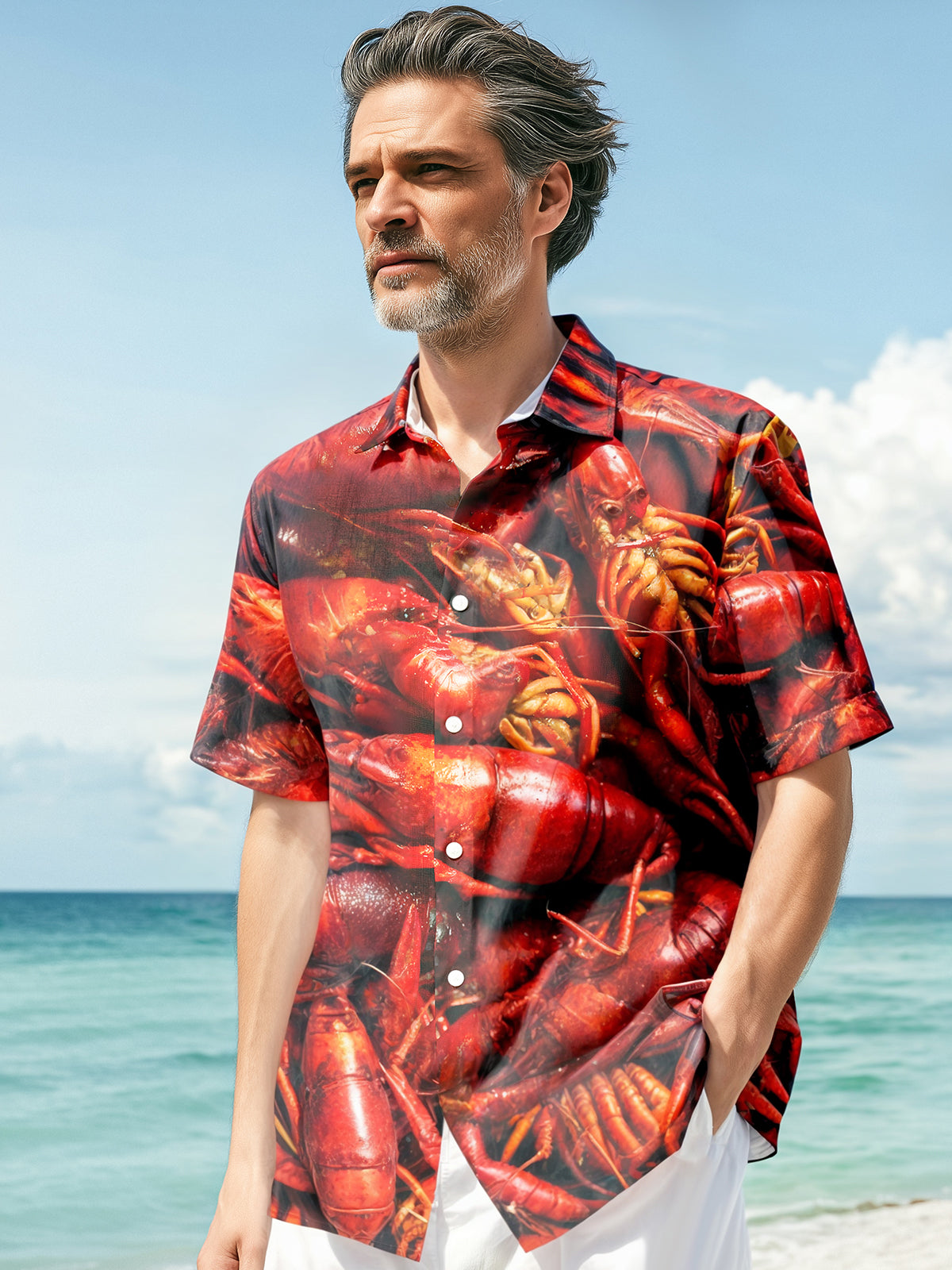 Adaychic Men's Graphic Red Crayfish Lobster Print Short Sleeve Button Down Shirt with Chest Pocket