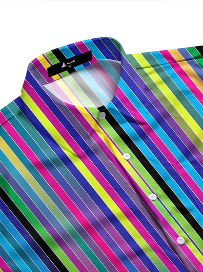 Adaychic Men's Geometric Vertical Stripe Print Long Sleeve Button Down Shirt with Chest Pocket