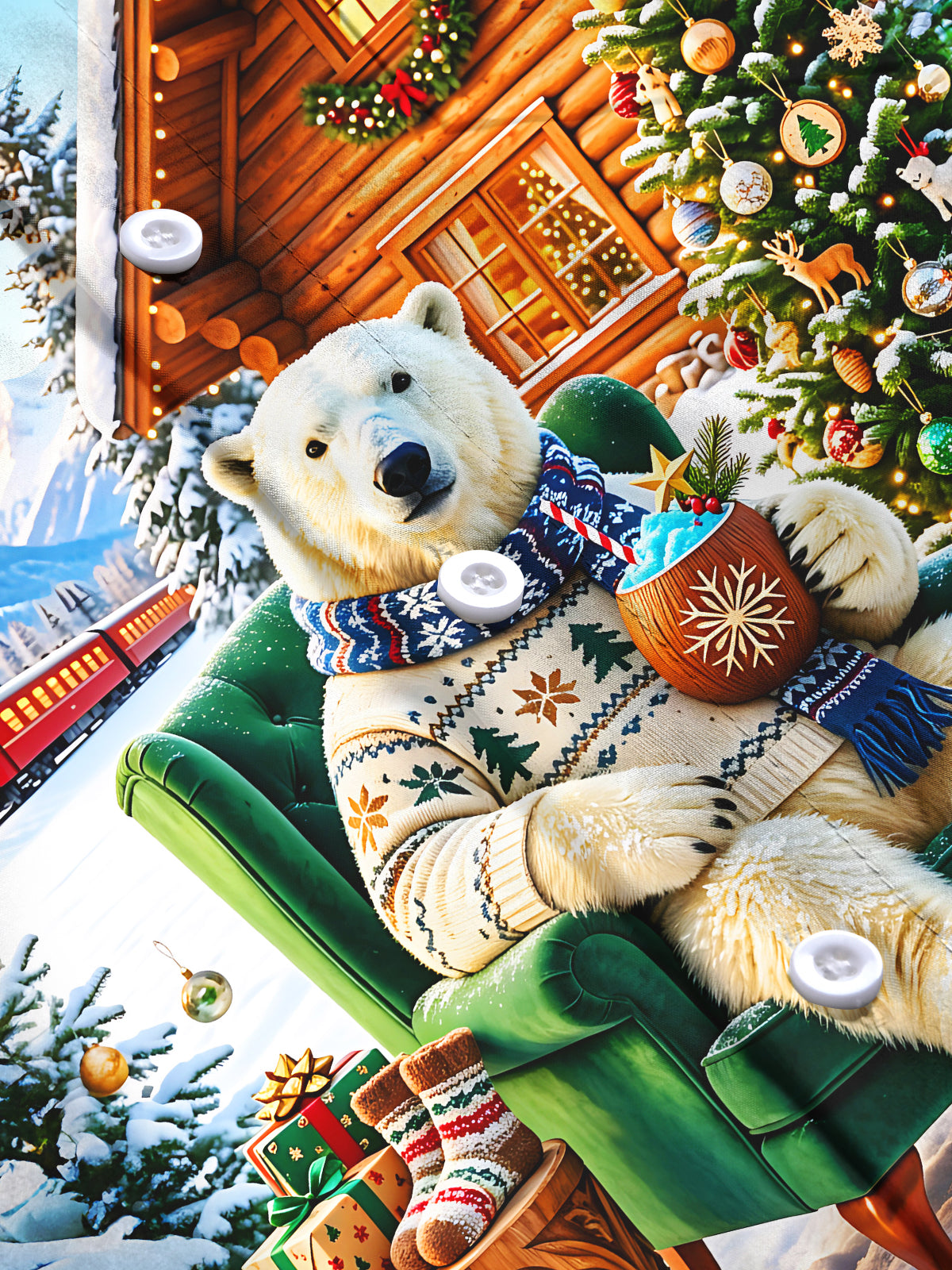 Adaychic Men's Long Sleeve Shirt - Christmas Polar Bear In Winter Cabin Scene Print with Chest Pocket