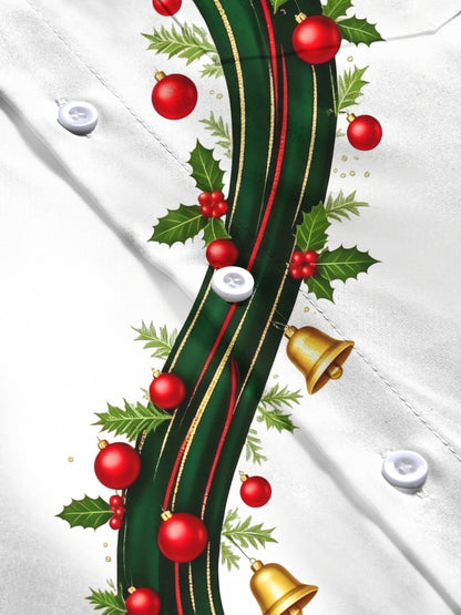 Adaychic Men's Long Sleeve Shirt - Christmas Ribbon With Bells And Ornaments Print with Chest Pocket