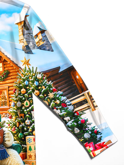 Adaychic Men's Long Sleeve Shirt - Christmas Polar Bear In Winter Cabin Scene Print with Chest Pocket