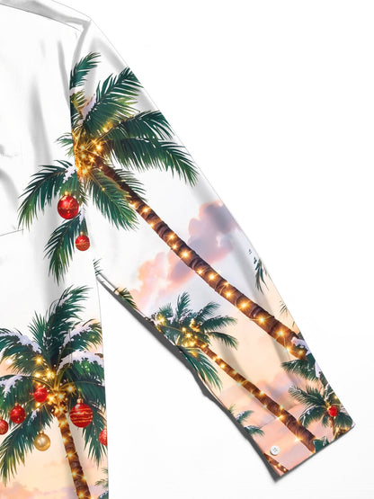 Adaychic Men's Long Sleeve Shirt - Palm Trees With Christmas Ornaments And Lights Print with Chest Pocket