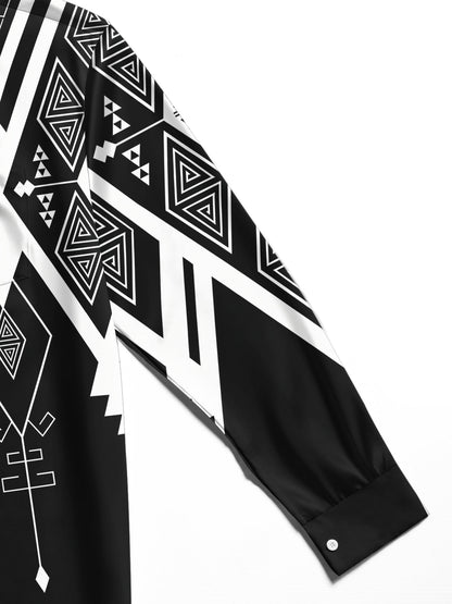 Adaychic Men's Patterned Black And White Geometric Print Long Sleeve Shirt with Chest Pocket
