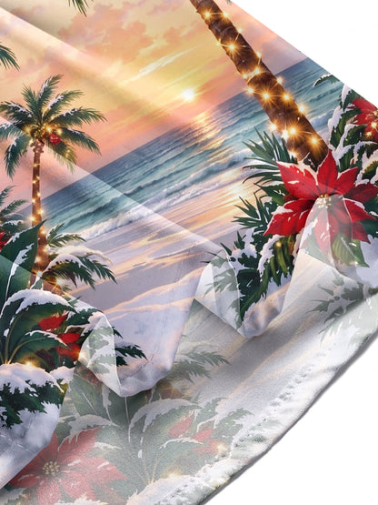Adaychic Men's Long Sleeve Shirt - Palm Trees With Christmas Ornaments And Lights Print with Chest Pocket