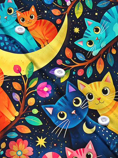 Adaychic Men's Hawaiian Colorful Cats Print Night Sky Print Long Sleeve Shirt with Chest Pocket