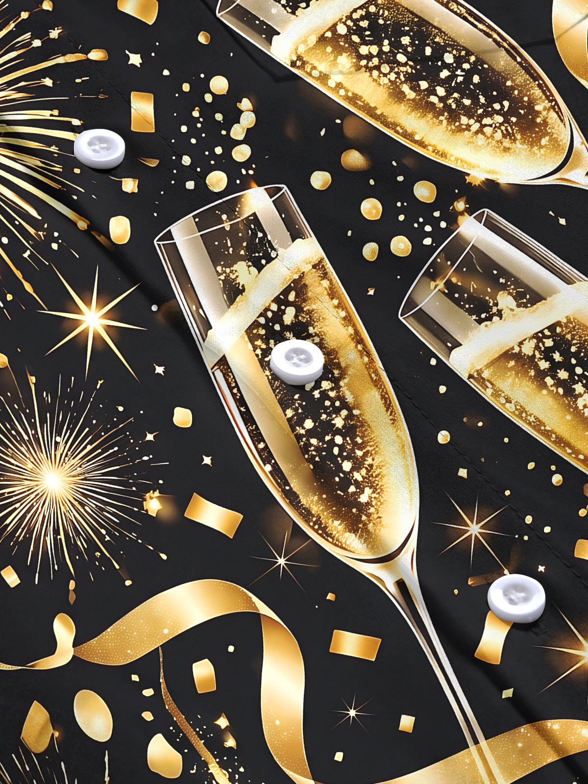 Adaychic Men's New Year Champagne Glasses And Fireworks Print Long Sleeve Shirt with Chest Pocket