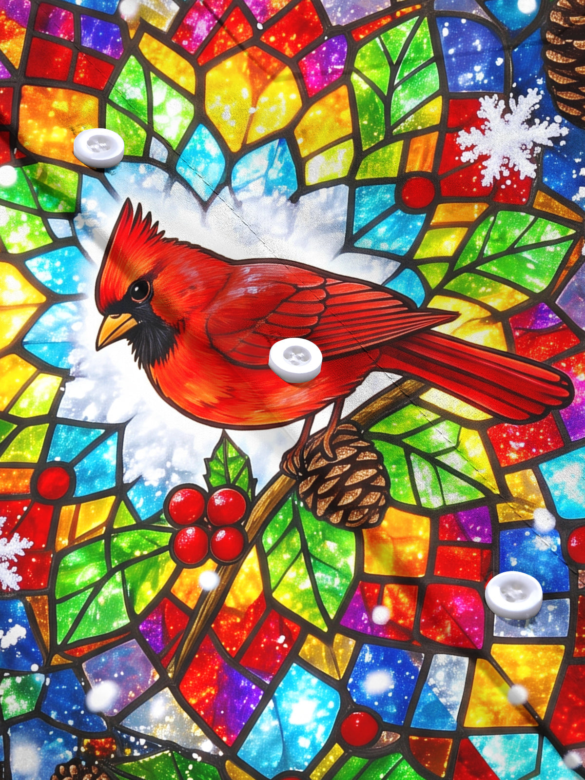 Adaychic Men's Christmas Stained Glass Cardinal Bird Print Long Sleeve Shirt with Chest Pocket