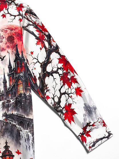 Adaychic Men's Graphic Halloween Crow Print Long Sleeve Shirt with Chest Pocket