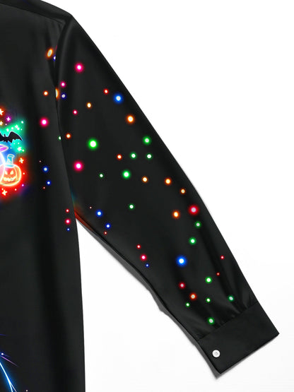 Adaychic Men's Neon Halloween Pumpkins Ghosts And Bats Print Long Sleeve Shirt with Chest Pocket