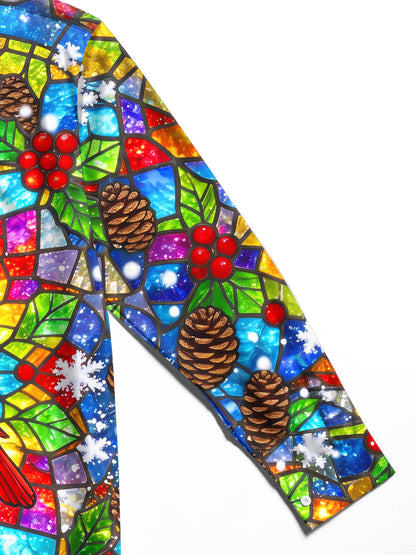Adaychic Men's Christmas Stained Glass Cardinal Bird Print Long Sleeve Shirt with Chest Pocket