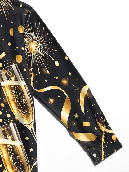 Adaychic Men's New Year Champagne Glasses And Fireworks Print Long Sleeve Shirt with Chest Pocket