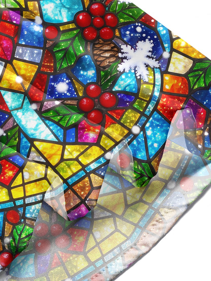Adaychic Men's Christmas Stained Glass Cardinal Bird Print Long Sleeve Shirt with Chest Pocket