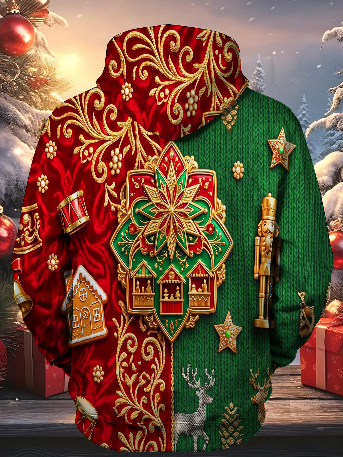 Adaychic Men's Long Sleeve Hoodie - Christmas Nutcracker Reindeer Gingerbread Houses Carriages And Carousel Print