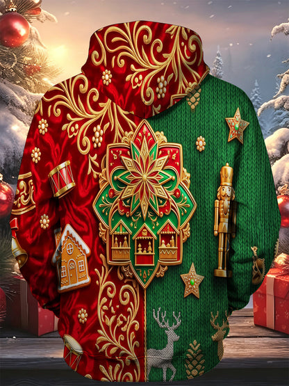 Adaychic Men's Long Sleeve Hoodie - Christmas Nutcracker Reindeer Gingerbread Houses Carriages And Carousel Print