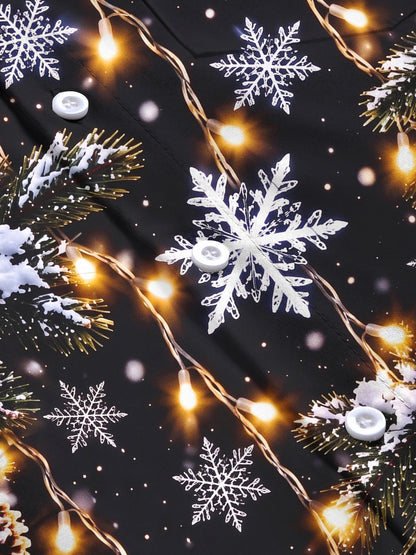 Adaychic Men's Long Sleeve Shirt - Christmas Snowflakes Pine Cones And Fairy Lights Print with Chest Pocket