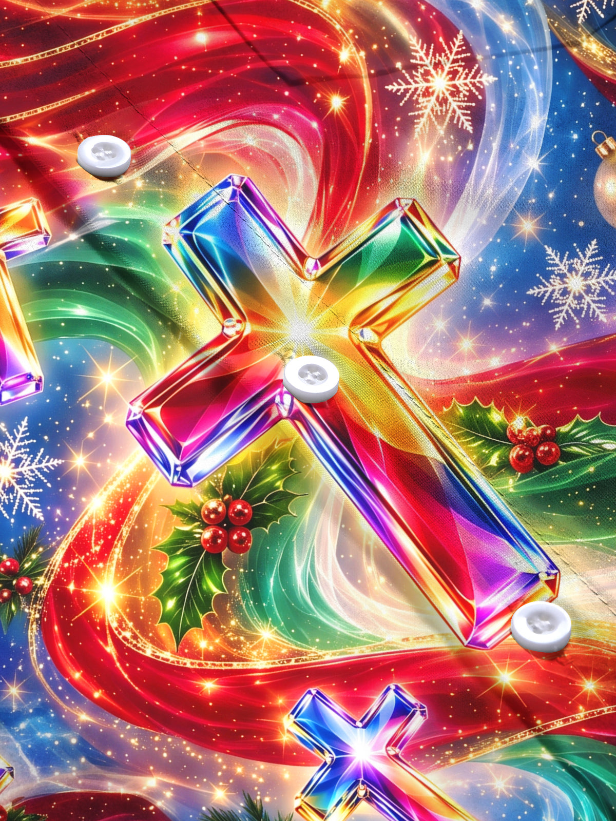 Adaychic Men's Long Sleeve Shirt - Colorful Crystal Crosses And Christmas Ornaments Print with Chest Pocket