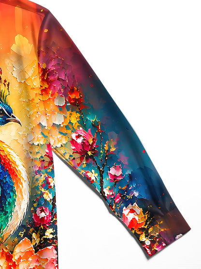 Adaychic Men's Hawaiian Peacock Bird Print Floral Pattern Long Sleeve Shirt with Chest Pocket