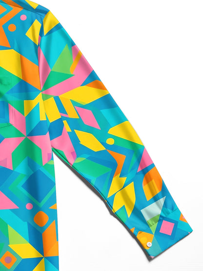 Adaychic Men's Printed Colorful Geometric Shapes Print Long Sleeve Shirt with Chest Pocket