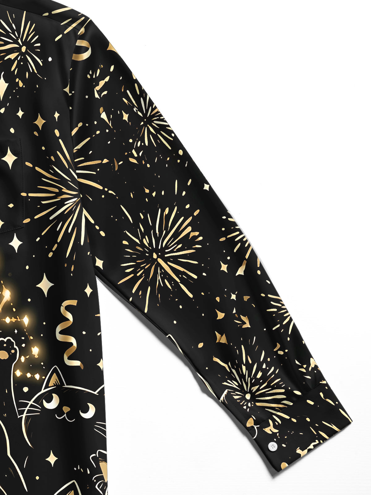 Adaychic Men's Long Sleeve Shirt - Black Cats And Christmas Tree With Fireworks Print with Chest Pocket