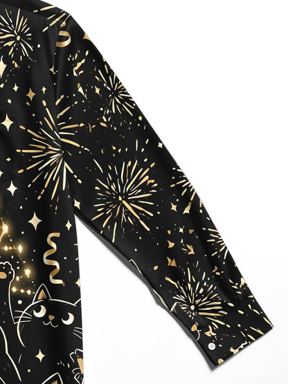 Adaychic Men's Long Sleeve Shirt - Black Cats And Christmas Tree With Fireworks Print with Chest Pocket