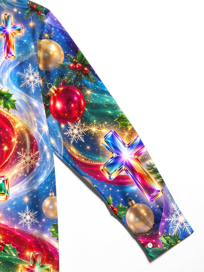 Adaychic Men's Long Sleeve Shirt - Colorful Crystal Crosses And Christmas Ornaments Print with Chest Pocket