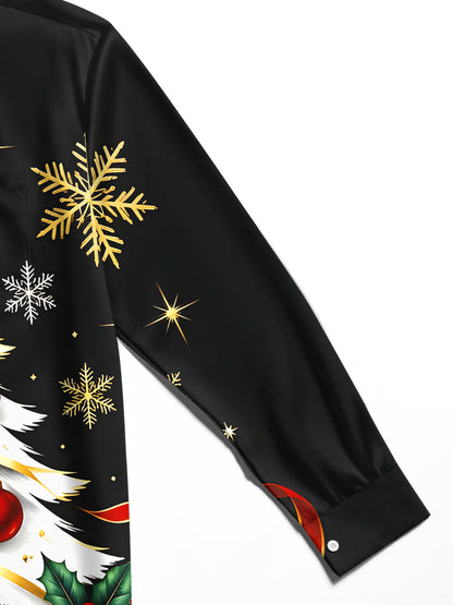 Adaychic Men's Christmas Tree With Ornaments And Holly Print Long Sleeve Shirt with Chest Pocket