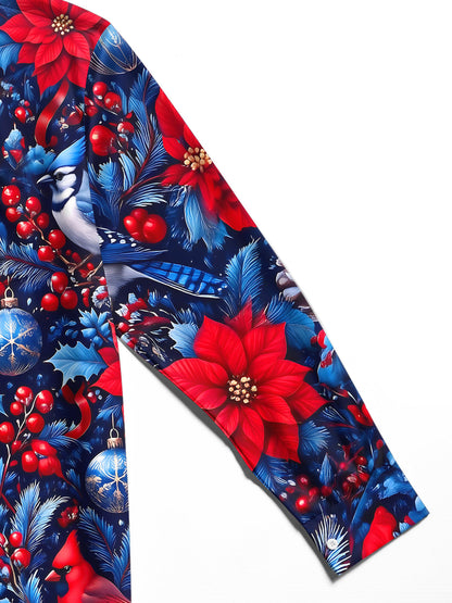 Adaychic Men's Printed Christmas Birds And Ornaments Print Long Sleeve Shirt with Chest Pocket